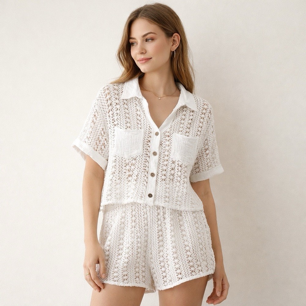 Women's Crochet Knit Short Set Beach Boho M Button Vacation Bride Bachelorette M